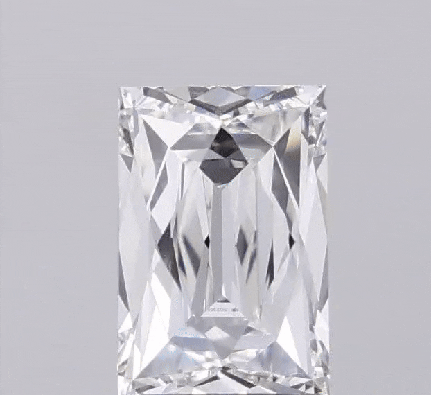 Vidéo d’un diamant de synthèse rectangulaire de 2,01 ct, couleur G, pureté VS1, certifié IGI, sur fond gris.