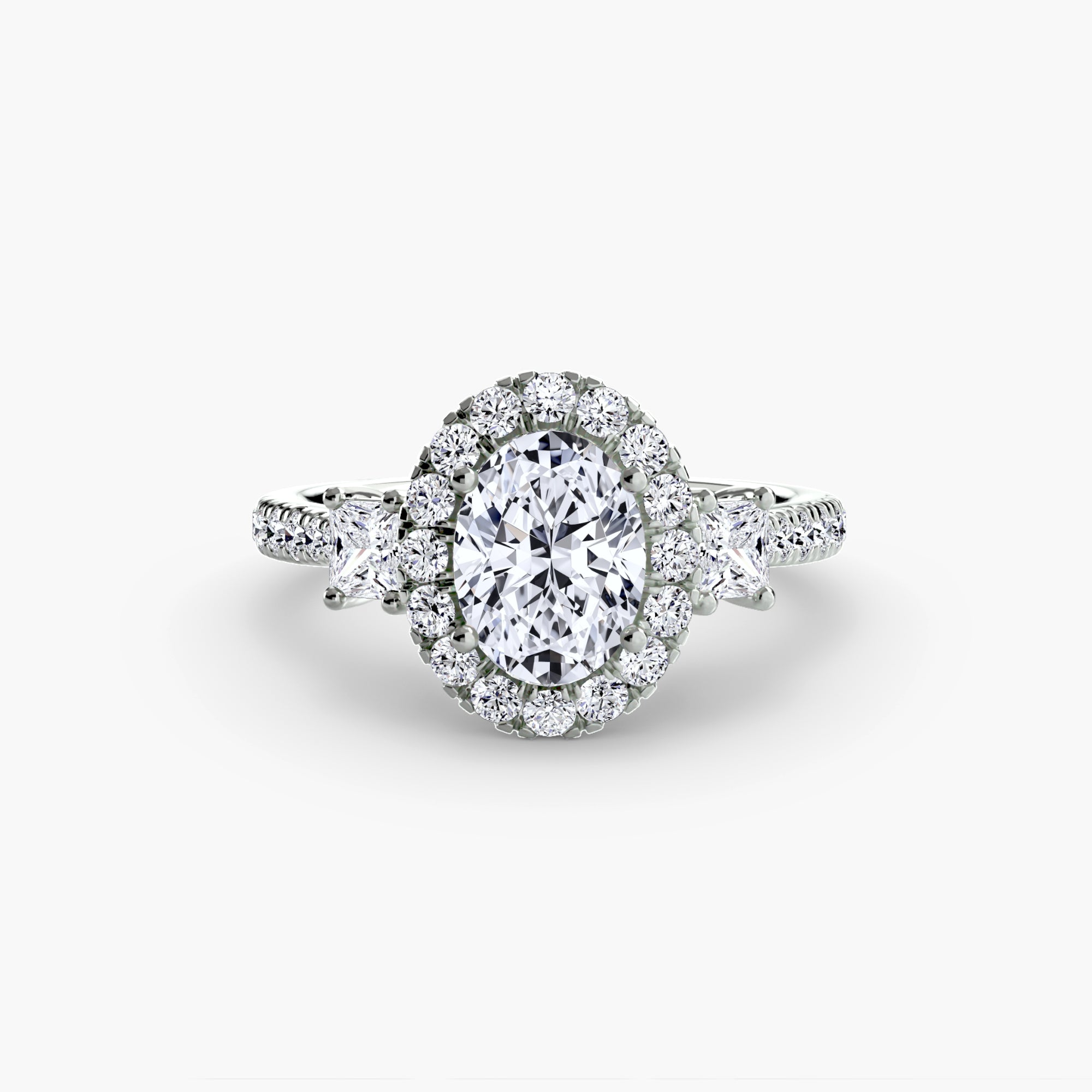 Bague Syr, diamant de laboratoire central de votre choix entouré d'une ligne de diamants de laboratoire et épaulé de deux diamants princesse. A personnaliser. Exquisite Lab Diamonds Paris