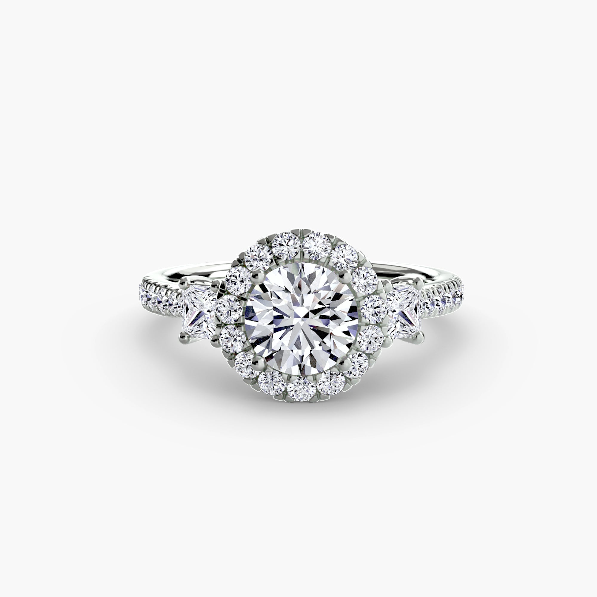 Bague Syr, diamant de laboratoire central entouré d'une ligne de diamants de laboratoire et épaulé de diamants princesse. A personnaliser. Exquisite Lab Diamonds Paris