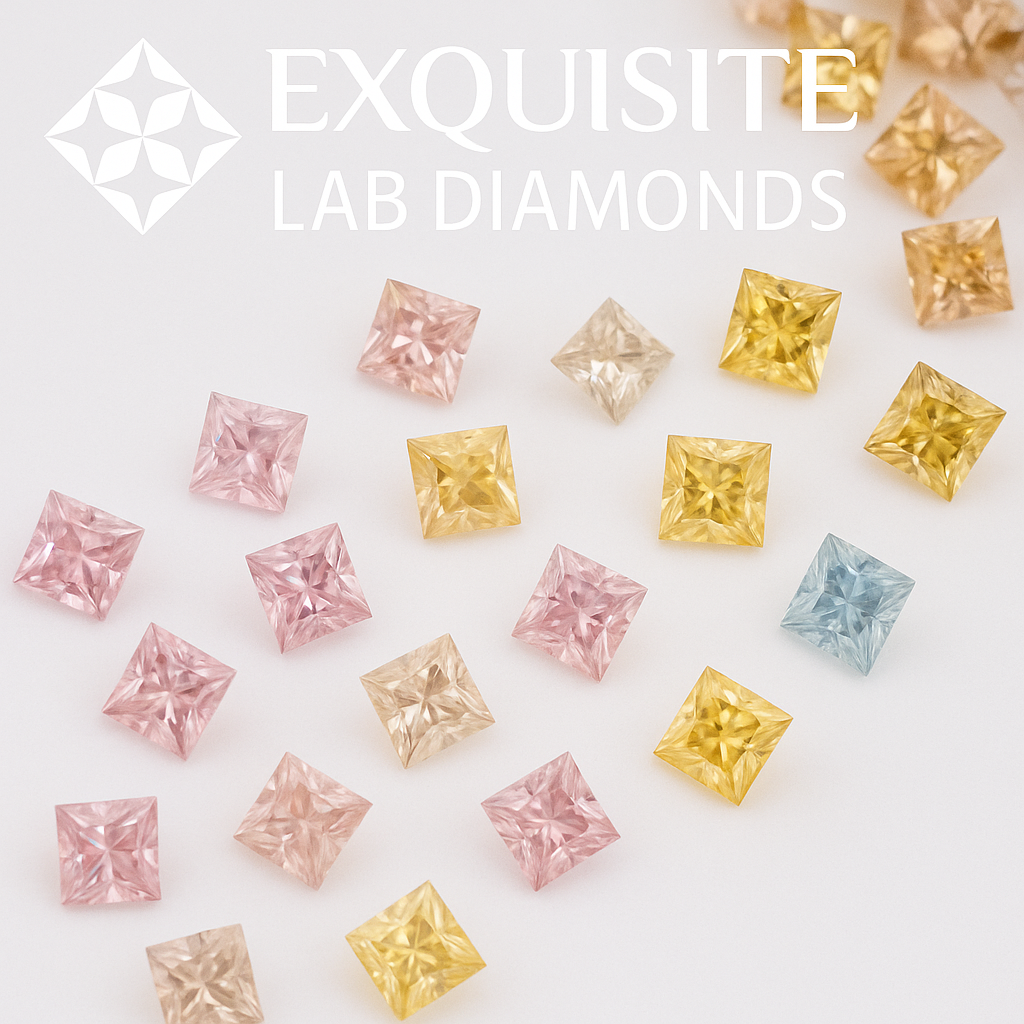 Diamants de laboratoire princesse de couleur rose, jaune, bleus - Maison Exquisite Lab Diamonds