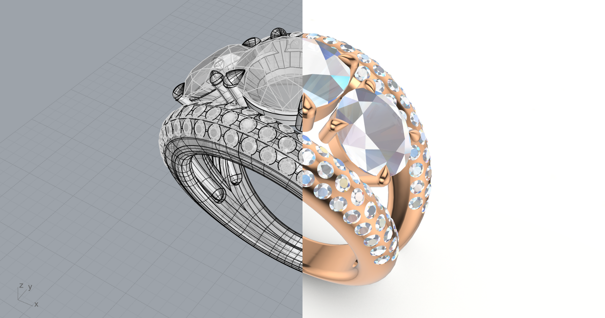 Dessin d'une bague bandeau diamants de synthèse