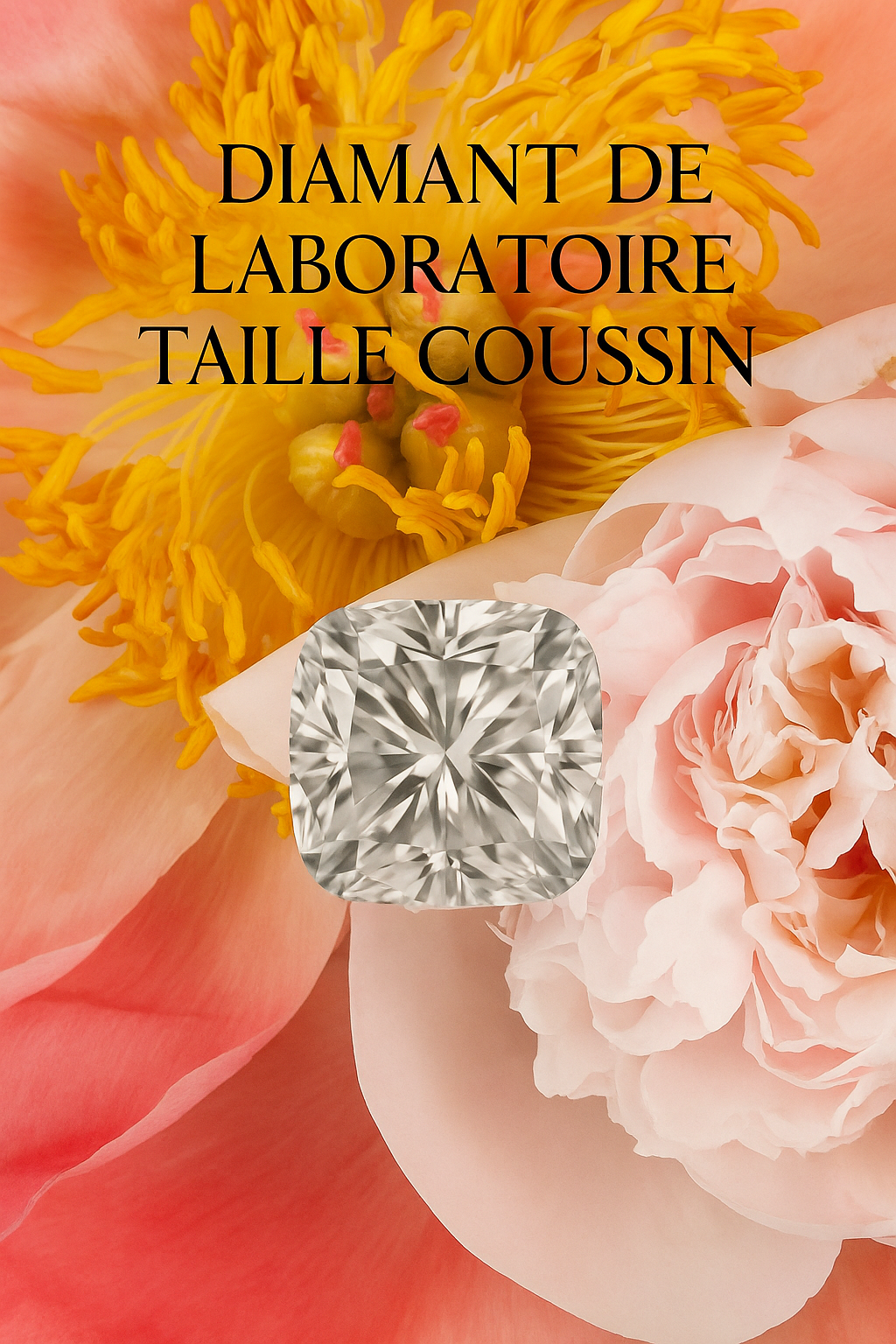 Photo d’un diamant de laboratoire coussin éthique, mis en valeur sur un fond floral raffiné pour Exquisite Lab Diamonds