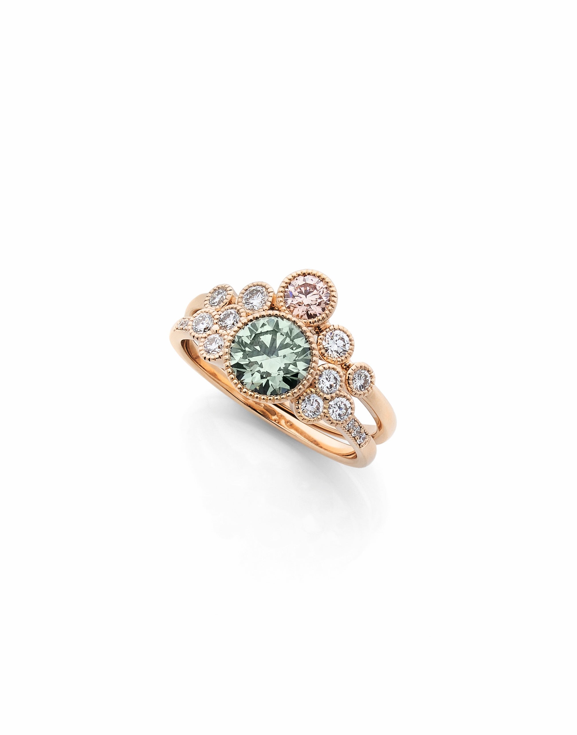 Bague Anne-Sophie sur mesure en or rose avec diamants de laboratoire ronds Fancy Color créée par Exquisite Lab Diamonds Paris